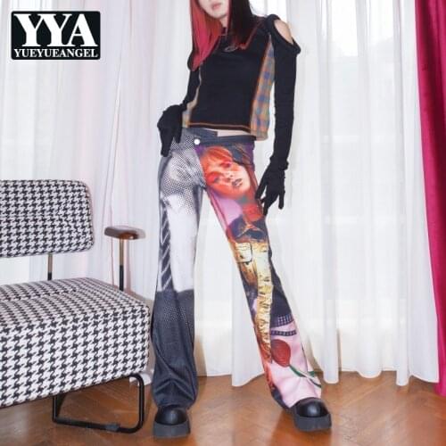 Womens Street Print Flare Pants Vintage Irregular Low Waist Trousers Spring Autumn New Fashion Party Hip Hop Pants Female S-L