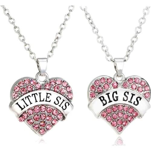 2 Pcs Heart Charm Little Sis Big Sis Sister Crystal Chain Necklace Family Women Girl Best Friend Jewelry Birthday Gift Collier