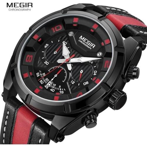 MEGIR Menss Sports Quartz Watches Fashion Leather Strap Chronograph Analogue Wristwatch for Man 24-hour Indicator 2076G-BK-1