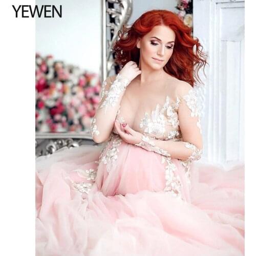 Elegant Woman Pink Baby Maternity Dress Long Sleeves V Neck Maternity Gowns for Baby Shower Photography Dresses YEWEN