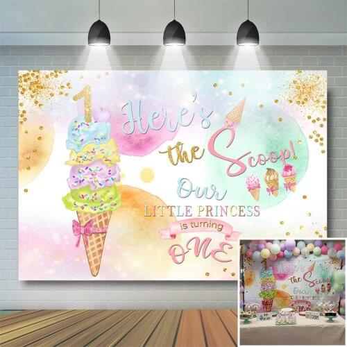 Ice Cream Birthday Backdrop Girls 1st Birthday Party Decoration Banner Sweet Scoop Pink and Gold Watercolor Backdrops