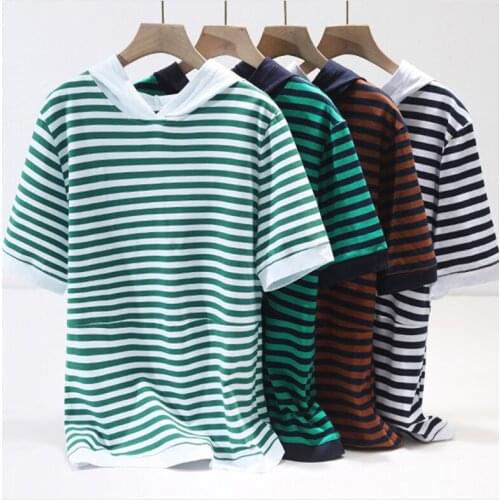 Grace&Taste 2021 Cotton Ol Fashion Summer Loose Top Stripe Short Sleeve T-Shirt Cap Ladies Tops Tees