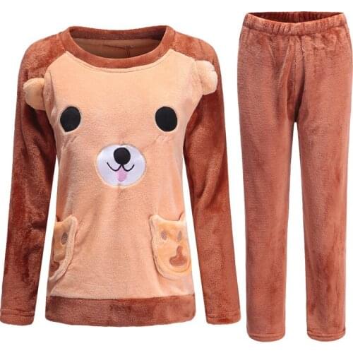 H5984 Women Pajamas Suit Winter Thick Flannel Warm Thermal Sleepwear Set Girl Cute Long Sleeve Coral Velvet Cartoon Nightwear