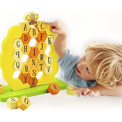 Bees Stack High Push Wall Pumping Early Education English Alphabet Cognitive Wooden Blocks Interactive Table Game Childrens Toy