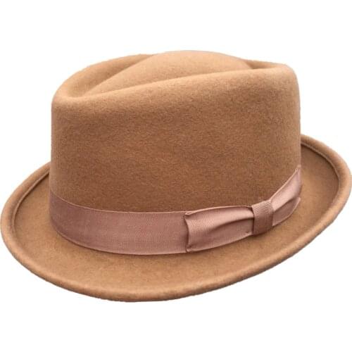 Classic Wool Felt Brown Pork Pie Hat Porkpie Jazz Fedora Hat Trilby Stingy Brim Cap
