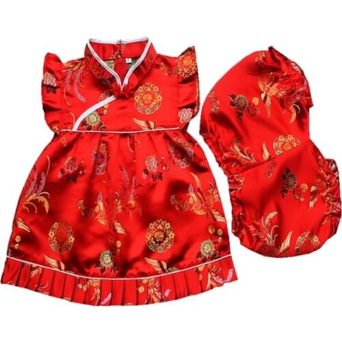 Baby Girls Clothes Sets Chinese Style Vintage Shorts Set Brocade Floral Tops Qipao Shirt 2 pcs Red Cheongsam Outfits Set