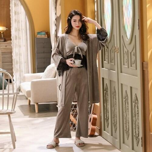 Robe Sets Sexy Autumn And Winter Pajamas Womens Gold Velvet Suit Home Service Casual Sling Comfortable 3-Piece Set Sleep Tops