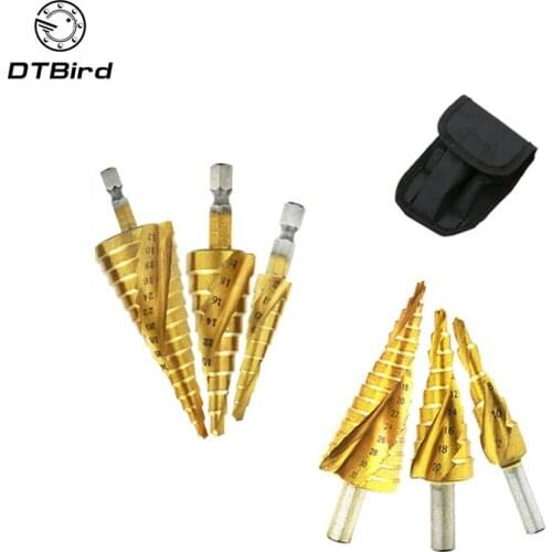 3Pcs Metric Spiral Flute The Pagoda Shape Hole Cutter 4-12/20/32mm HSS Steel Cone Drill Bit Set HSS Steel Step Sharpening DT6