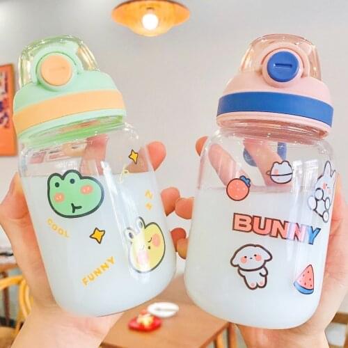 Cute Girl Glass Lovely Fresh Portable Water Bottle with Cover and Rope Cartoon Animal Milk Coffee Cup with Elastic Cover Design
