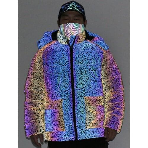 SEVEYFAN Mens Bird Nest Pattern 3M Reflective Down Cotton Jacket Multi Pockets Winter Thick Warm Cargo Coat for Couple