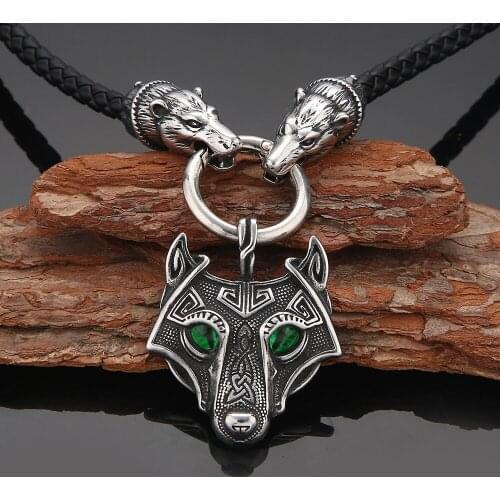 Mens Vintage Stainless Steel Norse Viking Wolf Pendant Necklace Black Cord Rope Chain Necklace Gifts Black/Green Eye Wolf