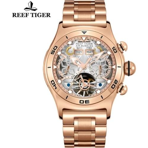 Reef Tiger/RT Men Sport Watch Skeleton Automatic Mechanical Watch Luminous Year Month Date Day Rose Gold Steel Bracelet Watches