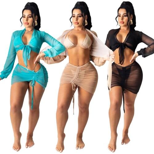 Adogirl Cover-ups Women 3 Piece Set Mesh Crop Coat Sexy Bra and Stacked Skirts Holiday Beachwear 2021 Summer Bikini Suit Sets