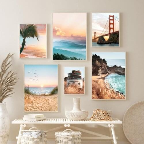 Natural Beach Sunset Tree Wall Art Couple Reed Car Bridge Canvas Painting Sea View Posters and Prints Nordic Pictures Home Decor