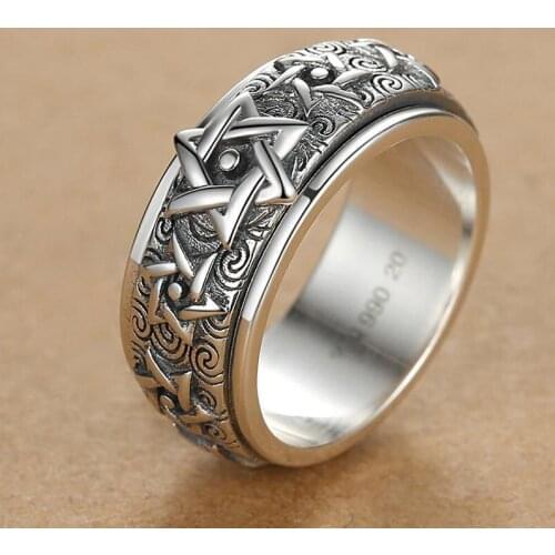 New Rotatable Silver Ring Male Silver Retro Domineering Six-pointed Star Wide Version Thai Silver Index Finger Closed Ring Trend