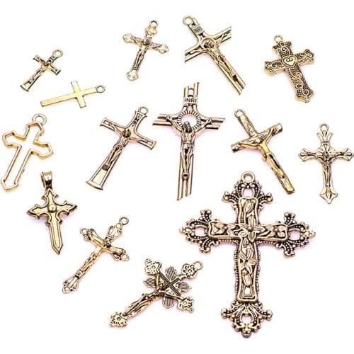 New 15Pcs/pack 5Pcs/Pack Vintage Gold Mixed Zinc Alloy Jesus Cross Pendant Religious Faith Charm Frame Jewelry Components