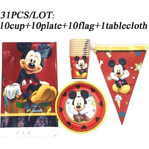 Cartoon Mickey Mouse Party Disposable Paper Banner Table Cloth Cup Plates Flags Baby Shower Birthday Party Decoration Supplies