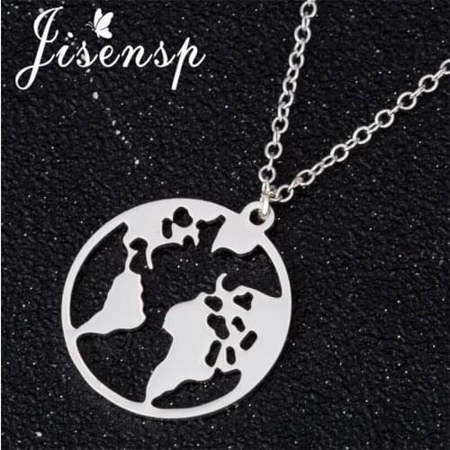 Jisensp Vintage Fashion Hollow Round World Map Necklaces Pendants Women Unique Earth Shape Stainless Steel Necklace Party Gift