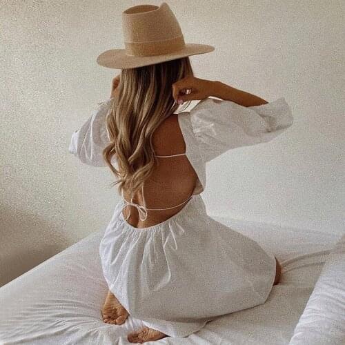 Night Dress For Lady Fashion Solid Elegant Puff Sleeve Backless Party Beach Dress Vacation Casual Mini Dress For Women Vestidos