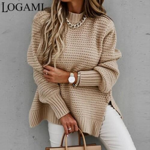 LOGAMI Half High Collar Loose Pullover Woman Long-sleeved Thick Split Knitted Sweater Women