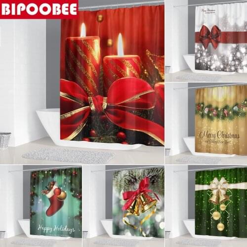 Merry Christmas Shower Curtains festival decoration Candle bell Bathroom Curtain Waterproof polyester Fabric Bath Screen