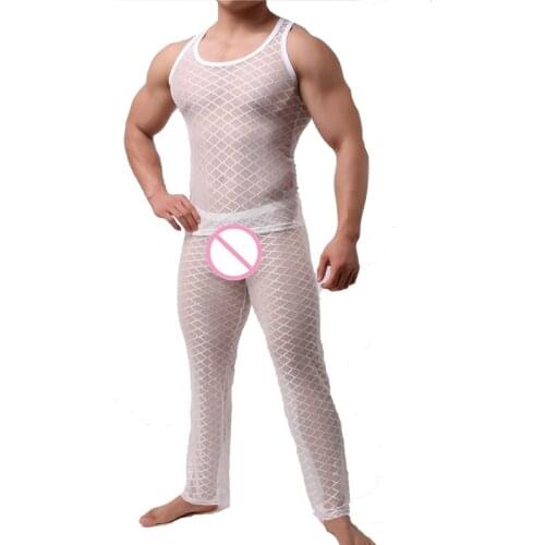 Sexy Men Clothes Set Long Johns See Through Sleeveless Mesh Shirt Tops + Long Pants Sleepwear Nightwear Mens Underwear Sets