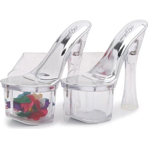 Firowe Women Rhinestone Slippers Womens Summer Fashion Clear Transparent Platform Non-Slip Modern Slides Heels Slipper17CM 20CM