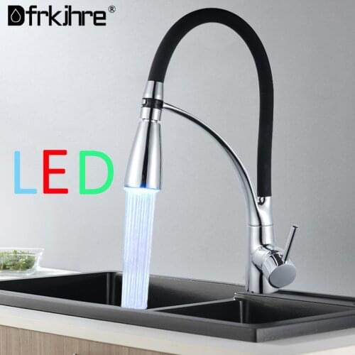 Kitchen Faucet Deck Mount Black Hose Sink Mixer Taps LED Single Handle Stream Sprayer Pull Down Spout Kitchen Tap 360° Rotatble