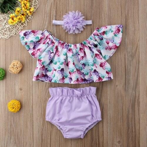 Kids Girls Off Shoulder Floral Tops Shorts Headband Newborn 0-24M Infant Newborn Toddler Girl Clothes Set Outfits 2 Pieces Sets