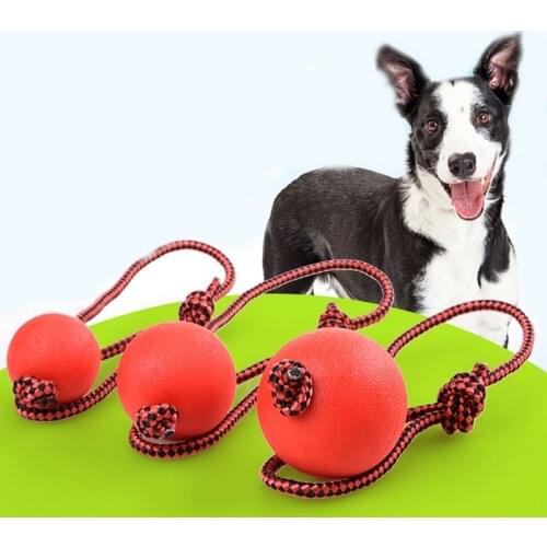 Solid Rubber Dog Chew Tug Training Ball Toys Tooth Cleaning Chew Ball Puppy Pet Play Training Chewing Toy With Rope Tug Handle