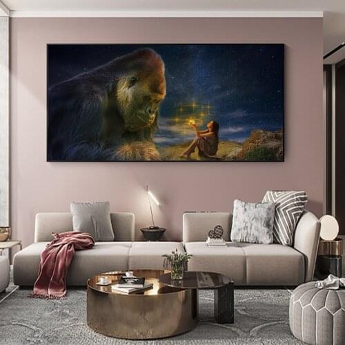 Creative Abstract Black And White Art Poster Monkey And Beauty Mural Gorilla Canvas Painting Home Living Room Decoration Modern