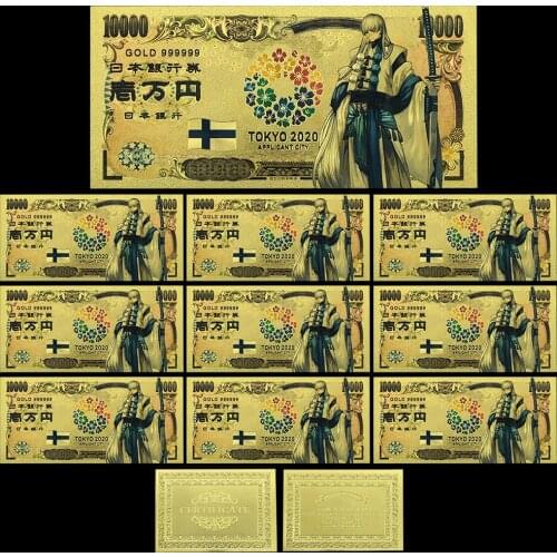 Japan Gold Banknote Tokyo World Flags Comics Cartoon Card 10pcs Finland Souvenir Anime Gold Plastic Cards for Collection