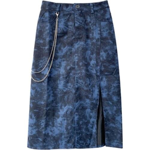 New Summer Tie dye Womens Skirts Vintage High Waist Denim Female Skirt A Line Long Hips Skirt Trendy Lady Slim Chain Lady Skirt