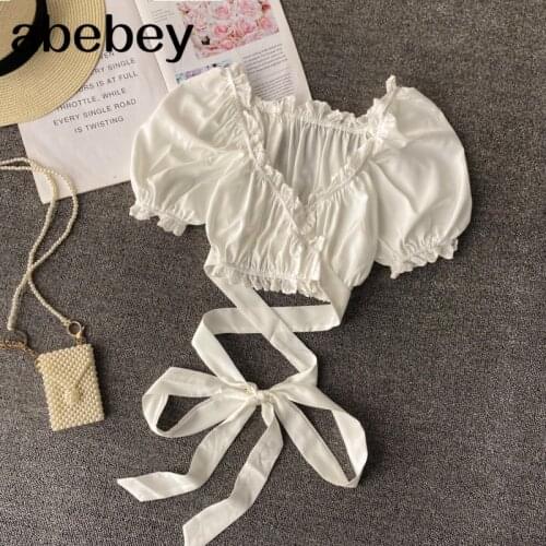 Design Hollow Backless Blouse Women Korean V Neck short sleeve Lace Up White Tops Summer Fashion Streetwear Short Blouse