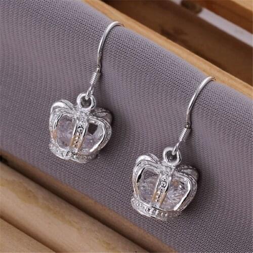 Charms lady Crystal Crown women silver color earrings high quality luxury fashion classic silver jewelry best gift E081