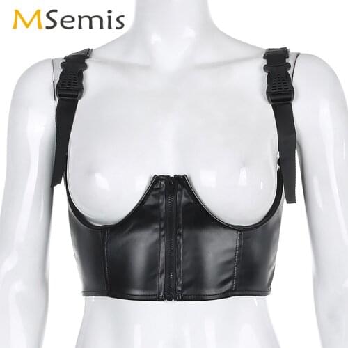 Women Slim Waistband Corset Black PU Leather Irregular Zipper Bustier Tops Sexy Wetlook Latex Waist Belt Tanks Rave Girdle Vest