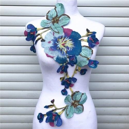 1PC Big Blue Flower Lace Embroidered Neckline Collar Trim Clothes Fabric Sewing Supplies Craft Wedding Dress Applique