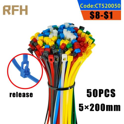 50PCS 5*200MM Releasable Cable Tie Colored Plastics Reusable Cable Ties Loop Wrap Nylon Zip Ties Bundle Ties