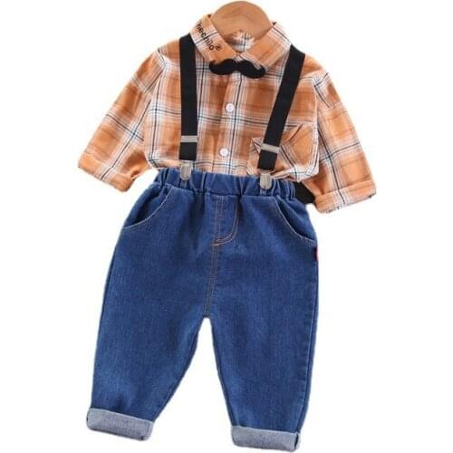 Spring Autumn Children Cotton Clothes Baby Boys Girl Lattice Shirt Overalls 2Pcs/sets New Infant Tracksuit Kids Toddler Costume