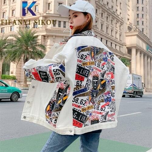 Jeans Jacket Women Letter Print Fashion Graffiti White Denim Jackets Pocket Lapel Long Sleeve Jeans Coat Female Streetwear
