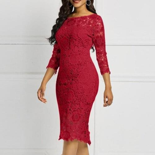 Elegant Dress Women Round Neck Bodycon Three-quarter Sleeves Sexy Lace OL Knee-length Dress Red Slim Party Bodycon Plus Size