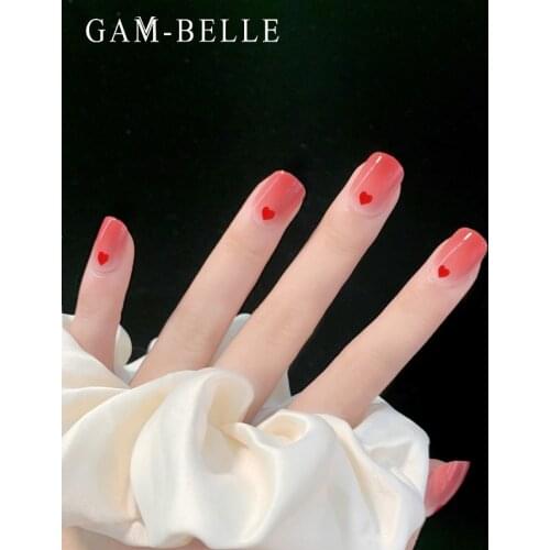 GAM-BELLE Cute Pink Gradient Heart Pattern Fake Nails French Short Square Full False Press On Nails DIY Manicure Nail Art Tools