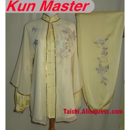 Custom Tai Chi Performance Uniform Gold And Silver Embroidery Martial Art Clothing For Kung Fu Yellow Color Three Pieces