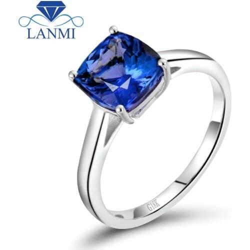 LANMI Real 18k White Solid Gold Genuine Gemstone Tanzanite Engagement Rings Cushion Cut for Women Birthday Loving Jewelry Gift