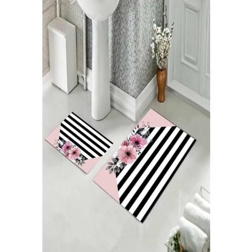 Bath Mat Dual Toilet Seat Pad Slip-Resistant-Based Digital Print Polyester 2'li Figured Pink