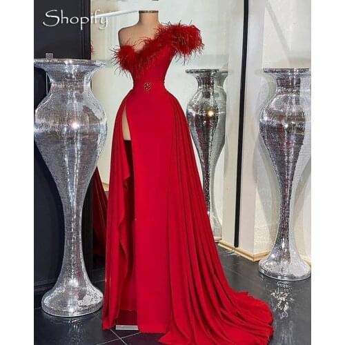 Red Long Evening Dress 2020 High Slit One Shoulder Elegant Feather Dubai Style African Women Formal Evening Gowns