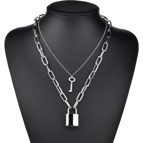 Fashion Key Padlock Pendant Necklaces for Women Silver Color Personality Rock Hip Hop Multilayer Necklaces Party Jewelry Gift