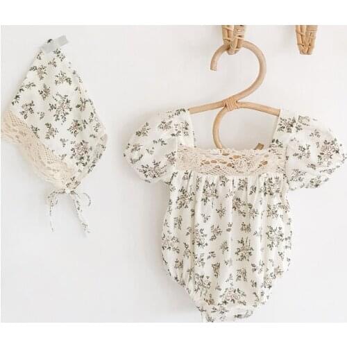 0-24M Lovely Baby Girls Romper Hats 2pcs Flowers Print Lace Short Puff Sleeve Jumpsuits