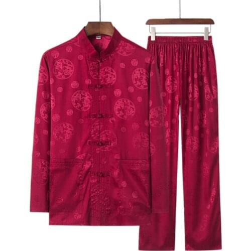 Plus Size 4XL Autumn New Traditional Chinese Mens Satin Silky Wu Shu Clothing Long Sleeve Shirt & Pant Kung Fu Tai Chi Suit