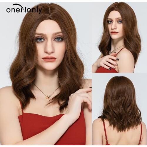 OneNonly Medium Length Natural Wave Body Wave Wig Brown Synthetic Wigs Middle Part For Women Fashionable Hair Heat Resistant